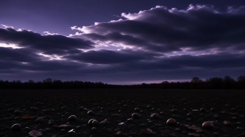 Numerous smooth spheres rest on a dark field under a moody purple sky filled with dramatic clouds.