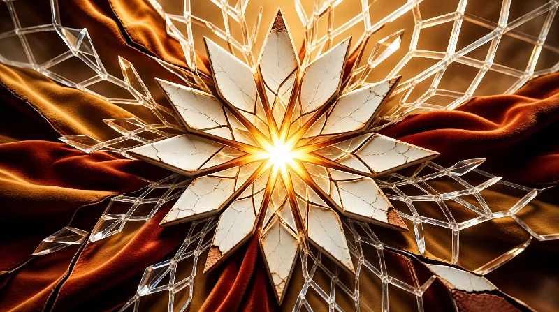 An ornate star built of cracked white tiles and clear crystal lattices glows at its centre above folds