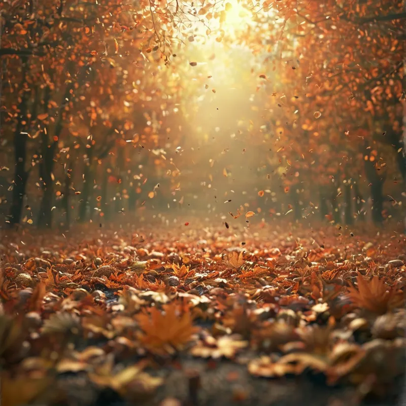 Warm sunlight filters through a wooded area as brown and orange leaves swirl above a carpet of foliage.