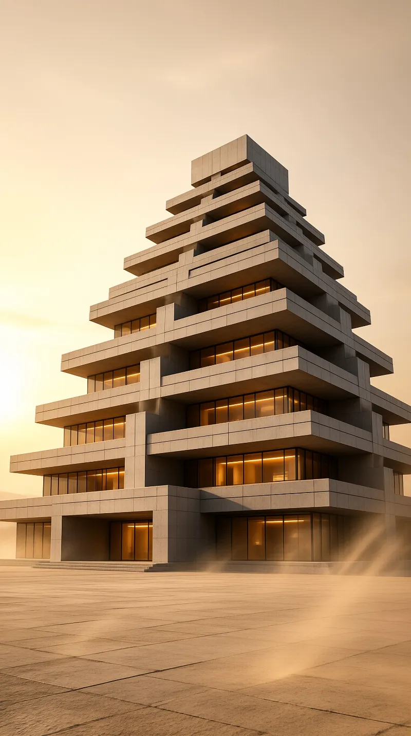 A massive tiered concrete structure rises from a flat sandy plain under a warm hazy sky with glowing windows.