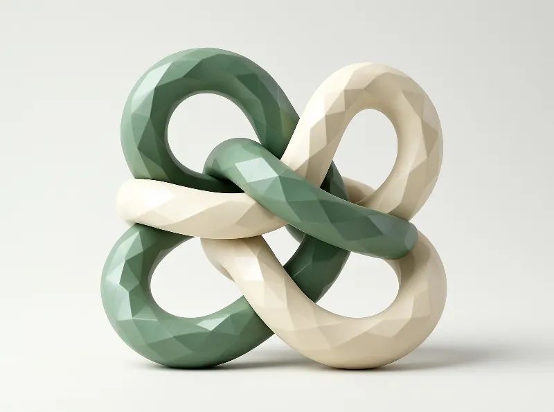 A faceted geometric shape interlocking itself in sage green and cream tones against a bright white backdrop.