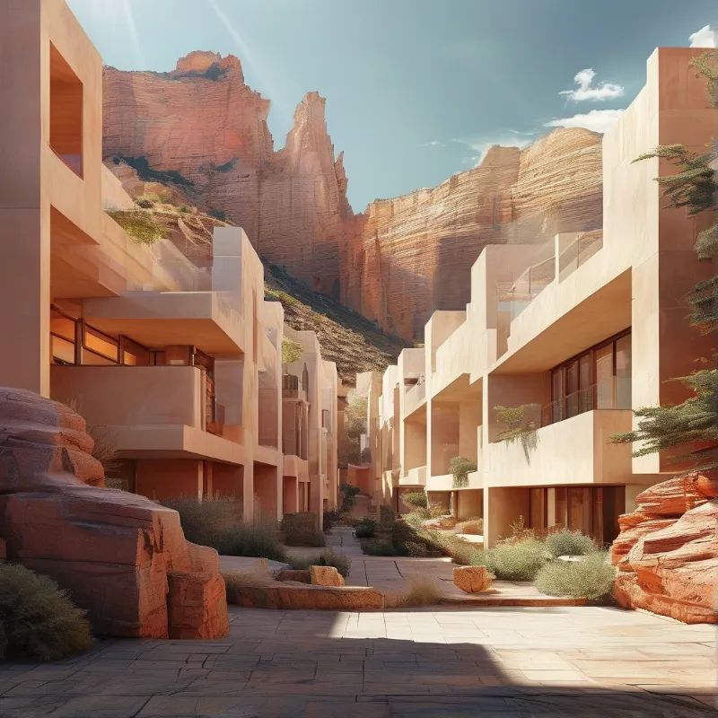 Tiered sandstone residences step along a paved lane while tall red cliffs and a desert garden glow in bright sun.