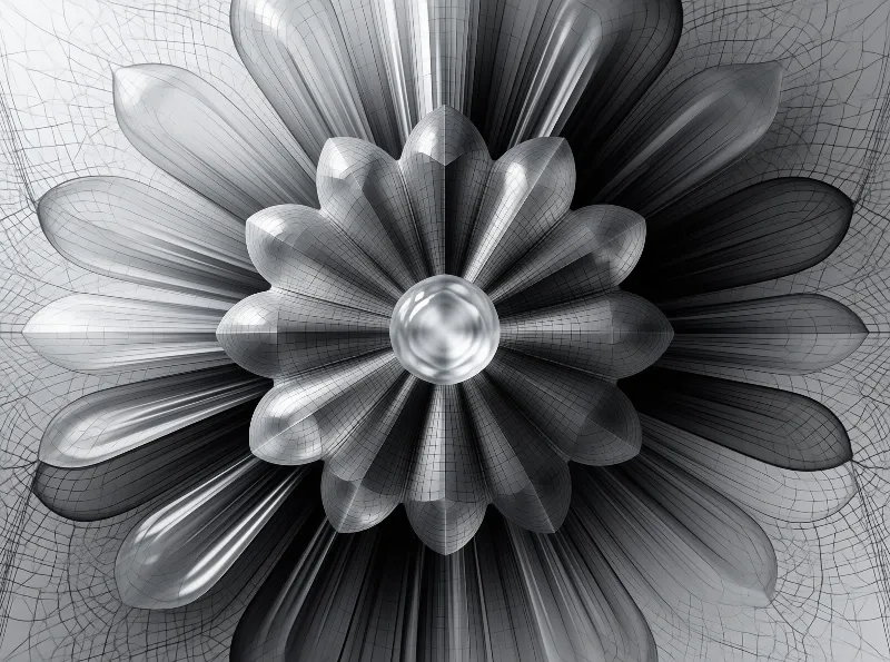 A grayscale image displays a central sphere surrounded by curved petals covered in a wireframe.