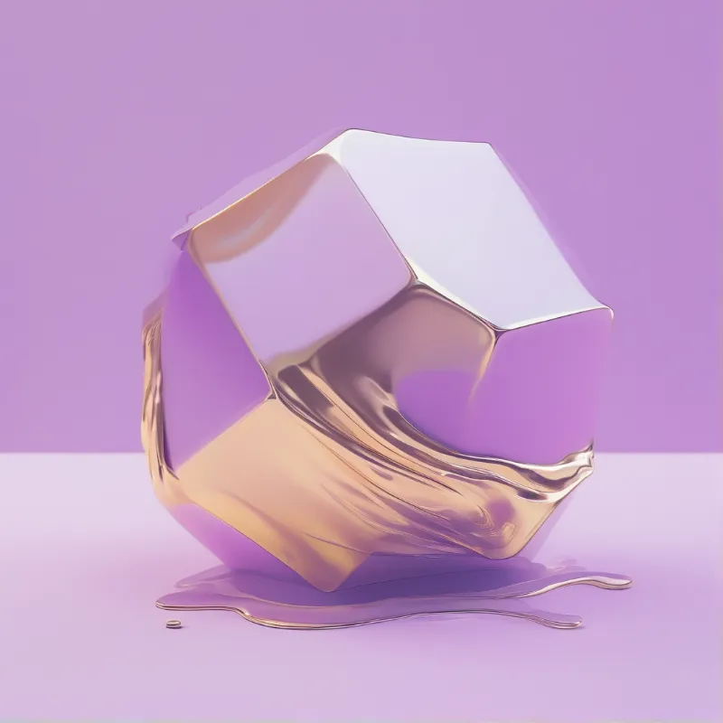 A distorted metallic object sits on a purple surface, its edges melting into a liquid puddle under soft light.