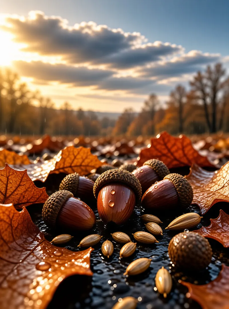 Close-up of glistening acorns and wet autumn leaves scattered with small seeds against a sunlit forest backdrop at dusk