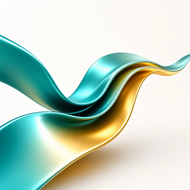 A glossy ribbon twists through white space, revealing a teal front and golden interior under soft studio lighting.