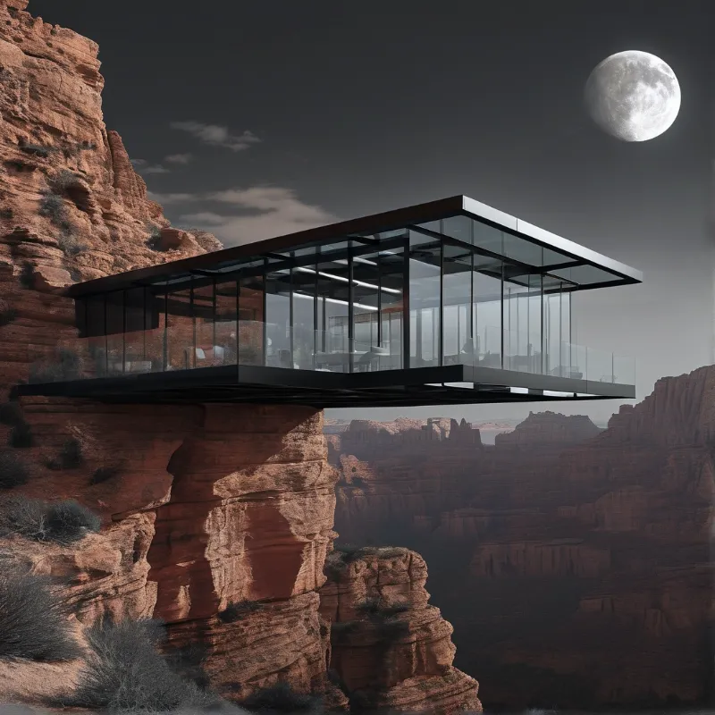 A modern glass pavilion rests on a red rock cliff edge overlooking a vast canyon beneath a full moon.