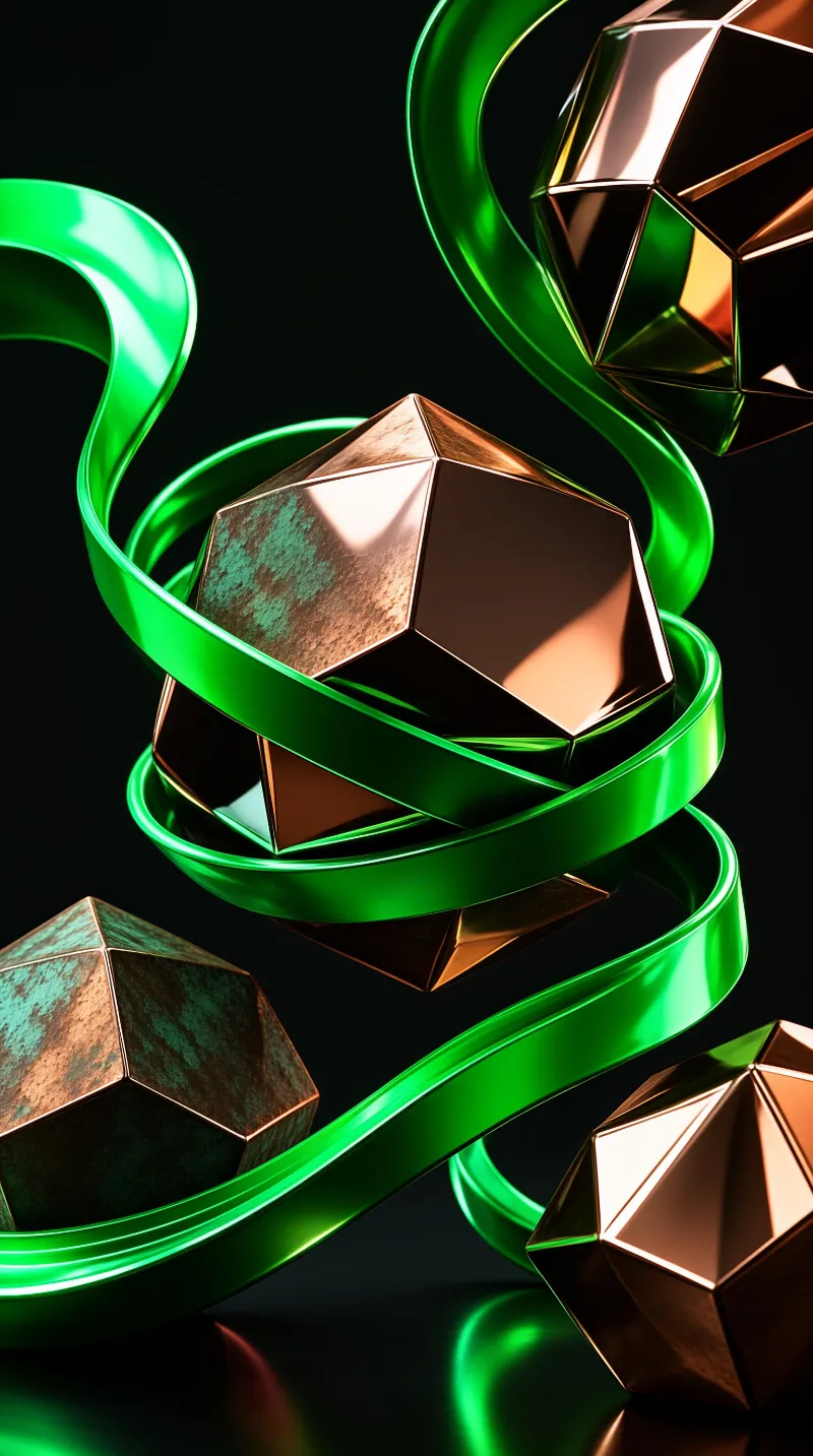 Faceted copper solids twist with glossy green ribbons against a deep black backdrop.