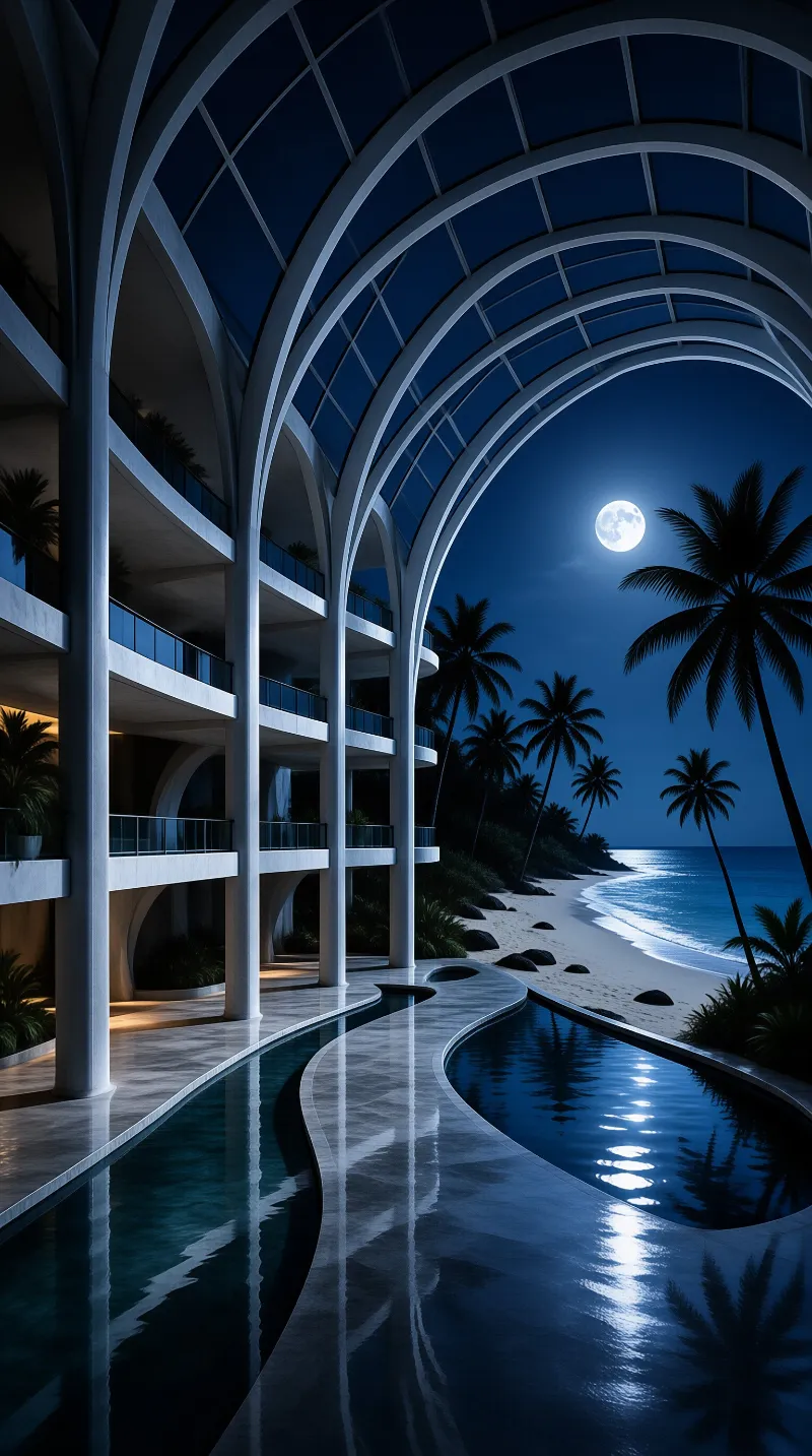 Smooth water reflects moonlight and palms beneath massive white arches overlooking a sandy beach at night.
