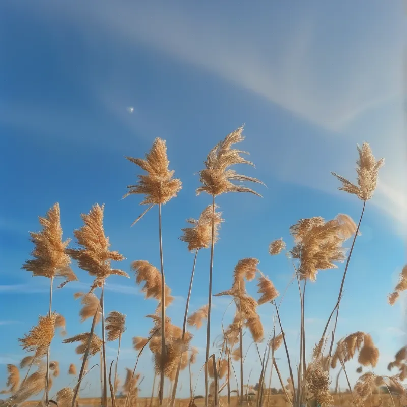Feathery golden reeds bend in the wind beneath a clear blue sky featuring a bright lens flare.