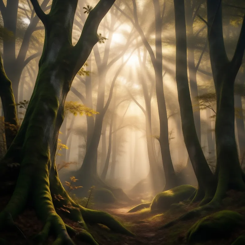 Sunlit Misty Forest Path