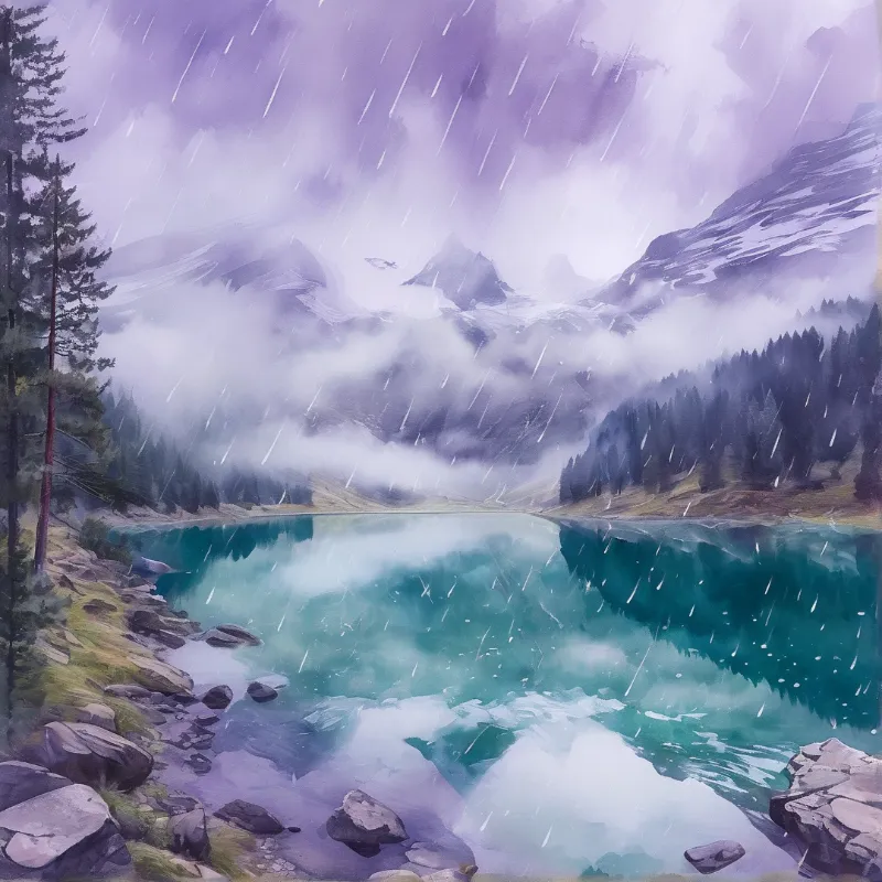 Rain falls on a turquoise alpine lake surrounded by forested hills and snow-capped mountains under a purple sky.