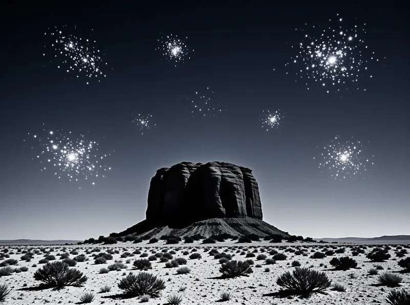 A massive dark rock formation rises from scrubby desert terrain under a sky scattered with glowing star clusters.