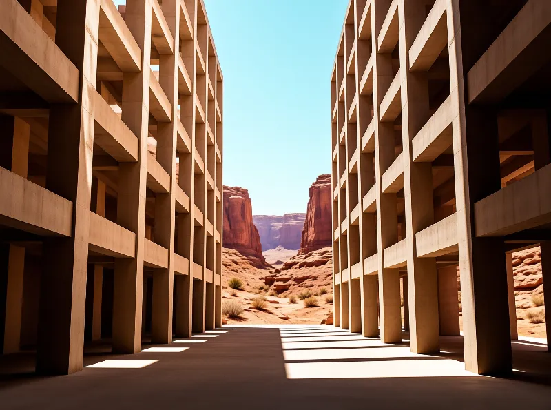 Repetitive exposed concrete grid structures form a shadowed corridor framing a red rock desert canyon under a bright clear sky
