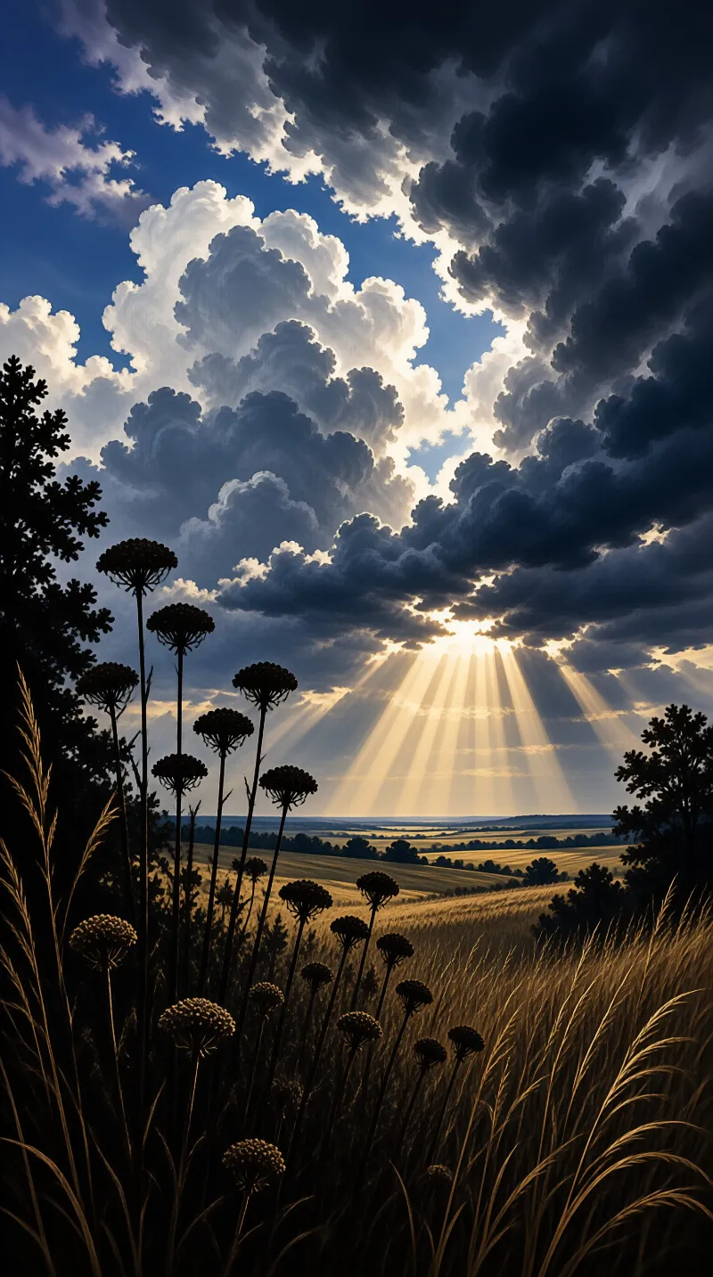 Tall umbel weeds stand dark in the foreground as golden rays spill from a break in heavy clouds over rolling farmland.