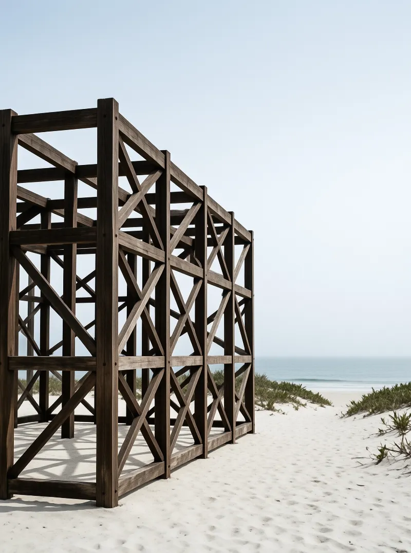 A dark wooden geometric framework stands on white sand near the ocean horizon with distinct shadows cast on the ground.