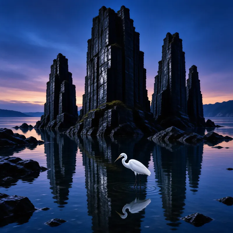 A solitary white egret stands in calm water while tall dark rock formations reflect against a twilight sky.