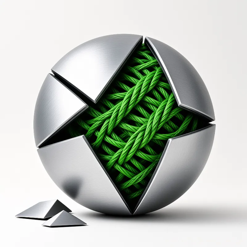 A shattered metallic sphere sits on a white surface revealing a tangled mass of green ropes within its broken segments.