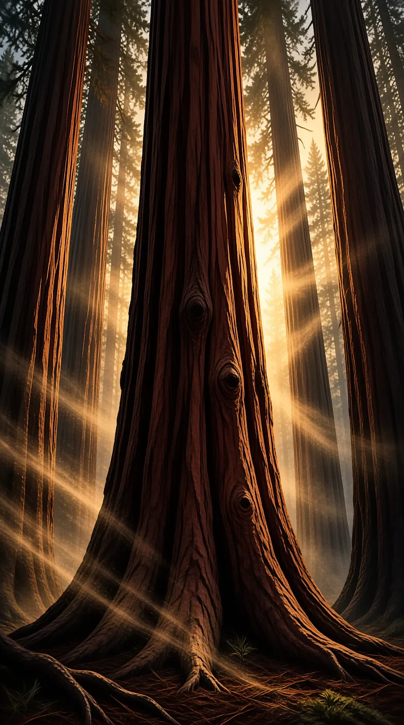 Massive ancient tree trunks rise from the forest floor as beams of warm sunlight cut through the surrounding mist.