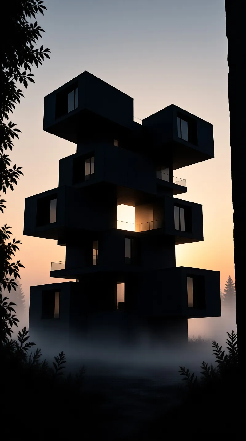 A dark, geometric building stands tall against a gradient sky while low fog covers the ground.
