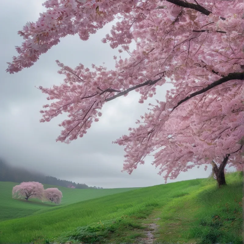 Misty Cherry Blossom Hills