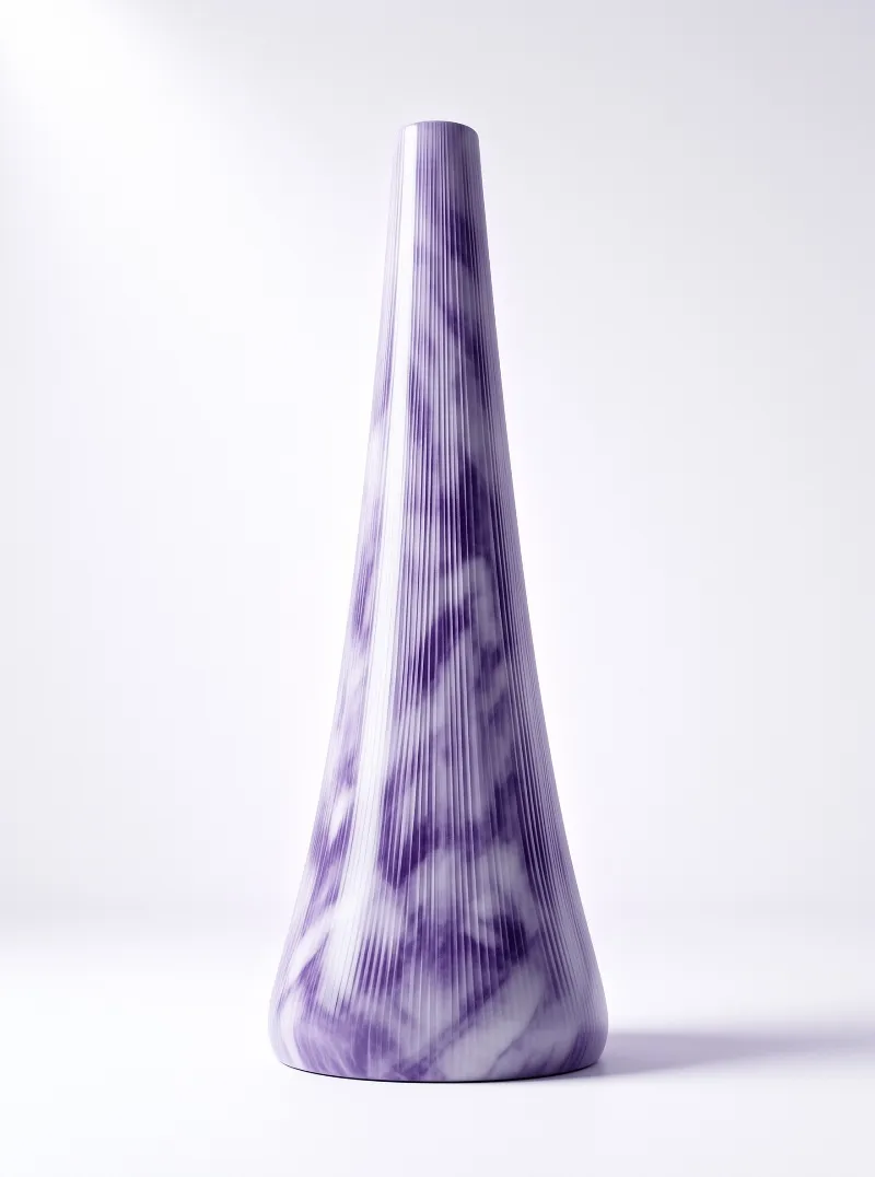 A tall tapered vase with purple and white marble swirls and vertical ridges on a white surface.