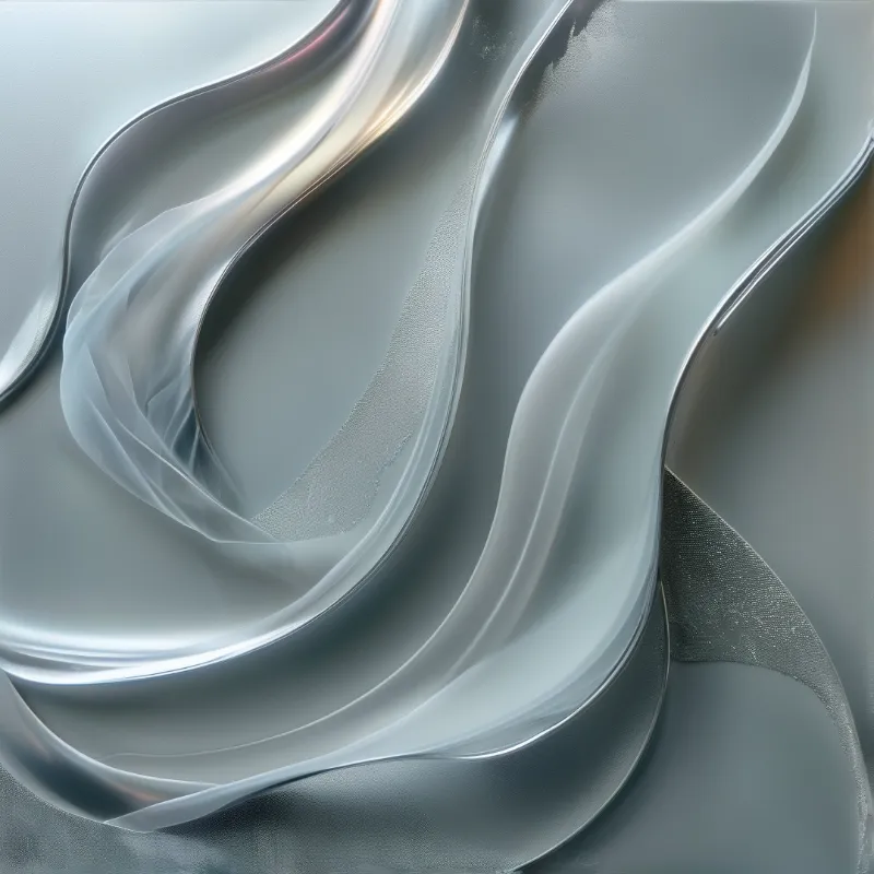 Sculpted metallic waves roll diagonally across a pale gray field, their silver crests catching a soft pearly sheen.