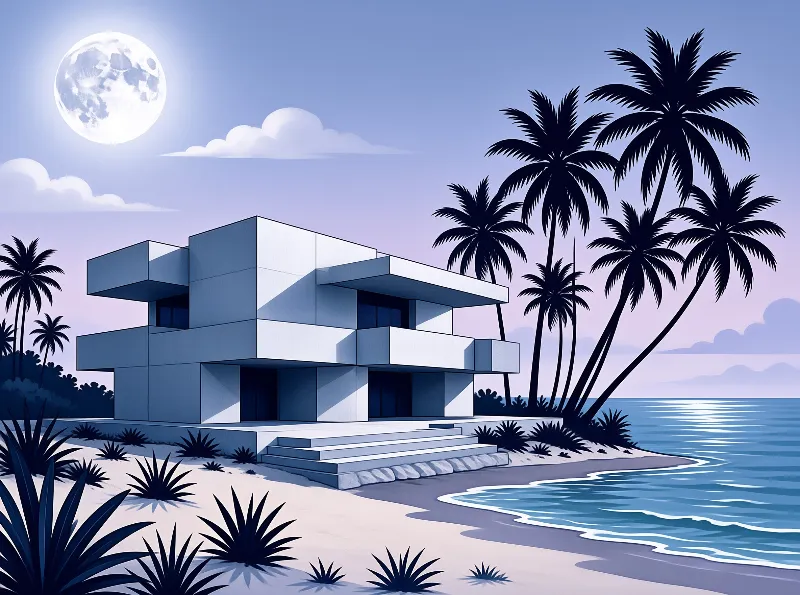 A white geometric house sits on a sandy shore near tall palm trees while a large moon shines above the calm sea.