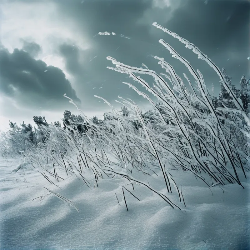 Winter grasses covered in thick frost bend sideways across a snow-covered field beneath a heavy overcast sky.