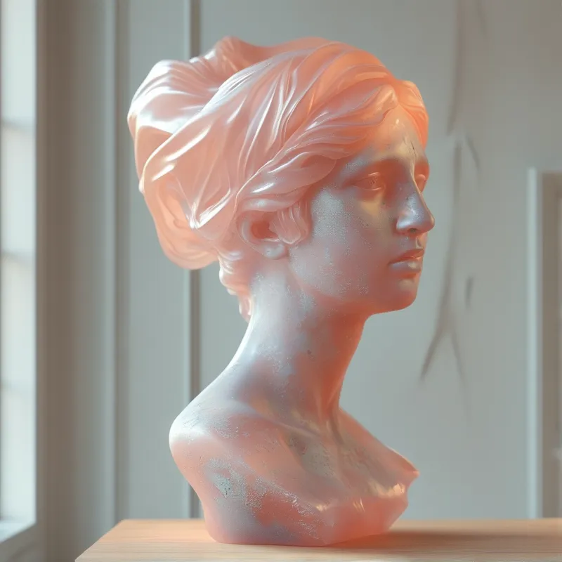 Translucent peach bust sculpture of a woman on wooden surface, lit by soft natural light.