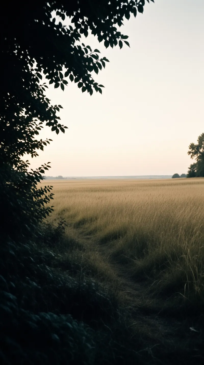 A dark tree branch frames the left side of a wide golden grain field extending toward a distant treeline under a pale sky.