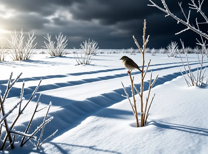 A small bird perches on a slender frozen twig as sunlight breaks through storm clouds over a wide expanse of snow.