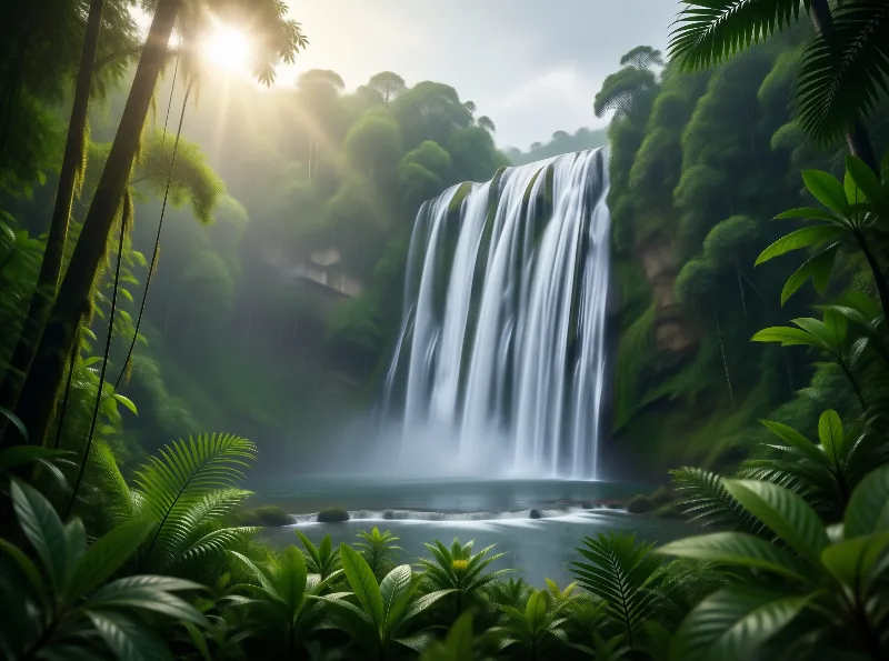 Sunlit Jungle Waterfall