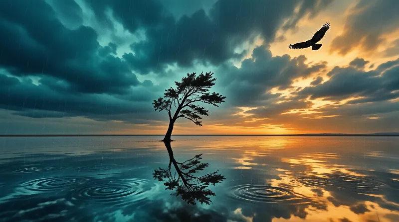 A dark solitary tree stands in water while an eagle flies through a sky split between rain clouds and golden sunset light.