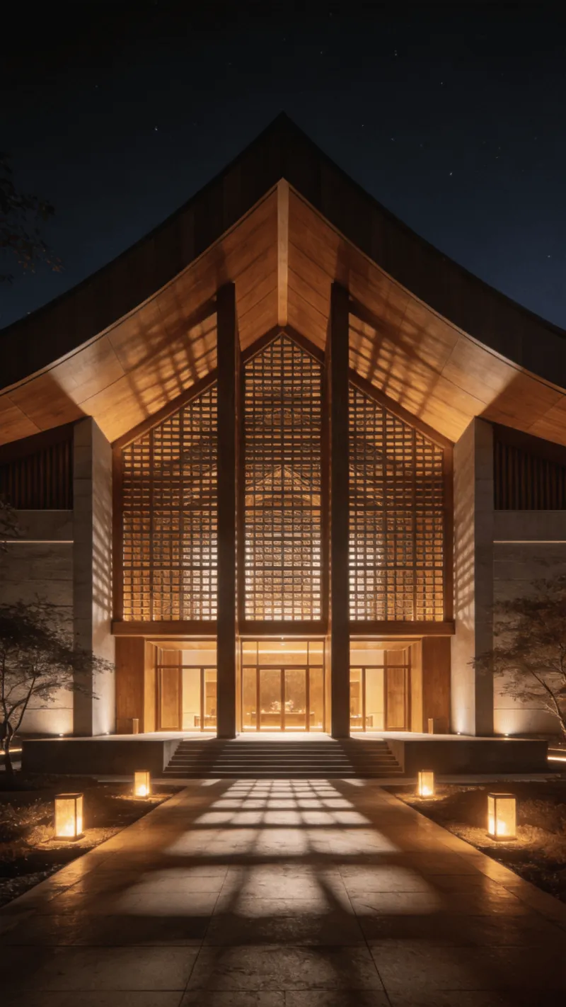 Cultural Center with Wooden Lattice — Night With Warm Lights