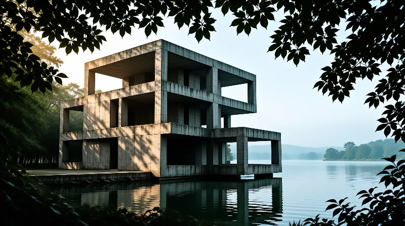 Concrete structure stands on a pier at a lake, with warm light casting dappled shadows across its surfaces while leaves frame view.