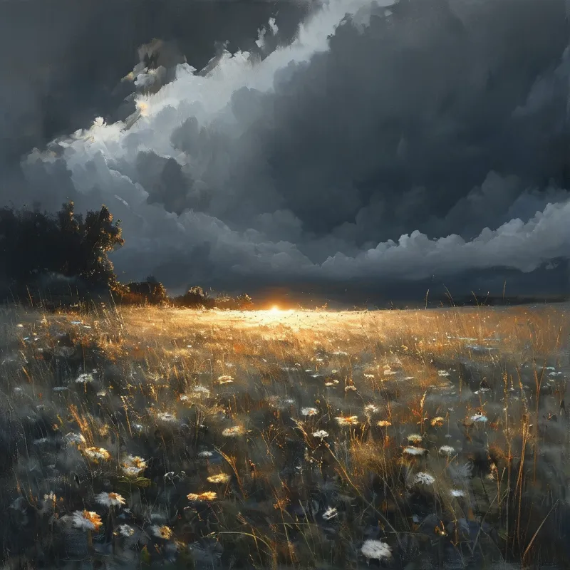 Sunlit Field Under Stormy Sky