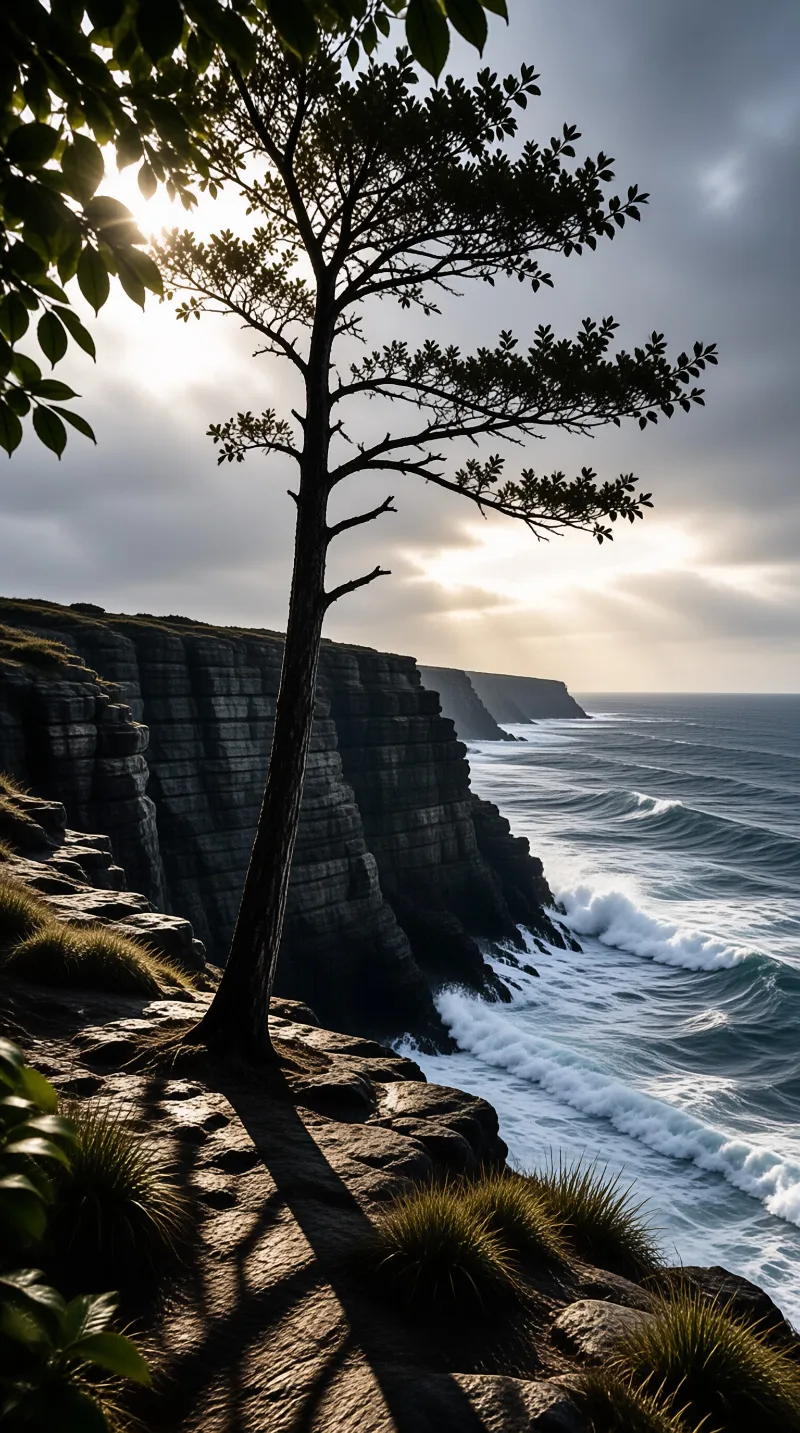 A tall dark tree stands on a rocky overlook above steep ocean cliffs while golden light shines through the branches.
