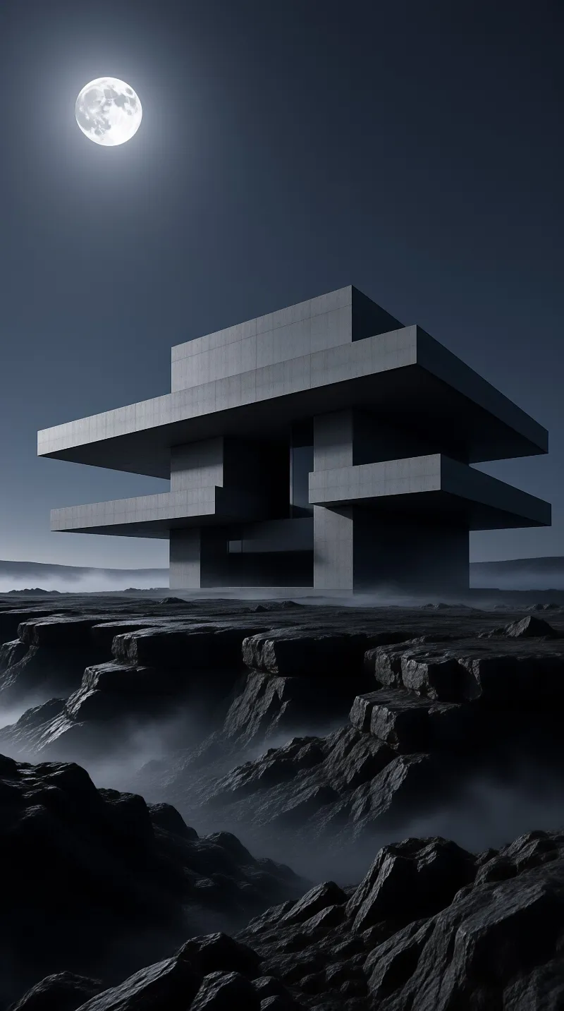 A massive grey building with flat roofs sits on a dark landscape under a glowing full moon.