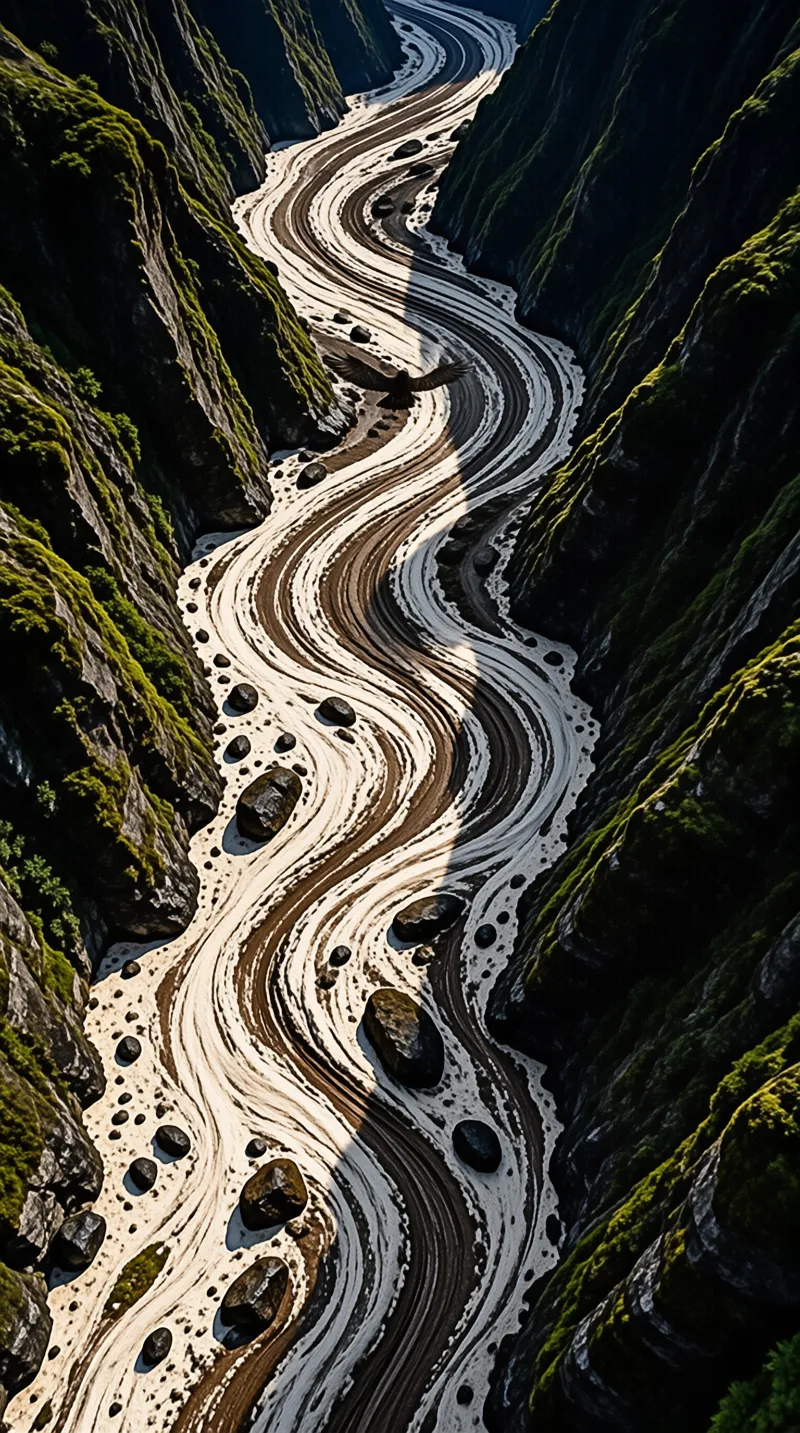 Intricate river patterns flow through a steep mossy valley while a bird flies across the sunlit water and dark rocks.