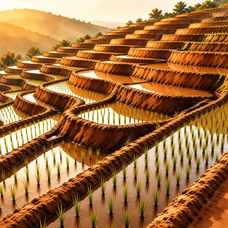 Curved earthen banks separate layers of flooded rice paddies filled with young green shoots as warm sunlight bathes the mountain slopes in a soft orange glow.