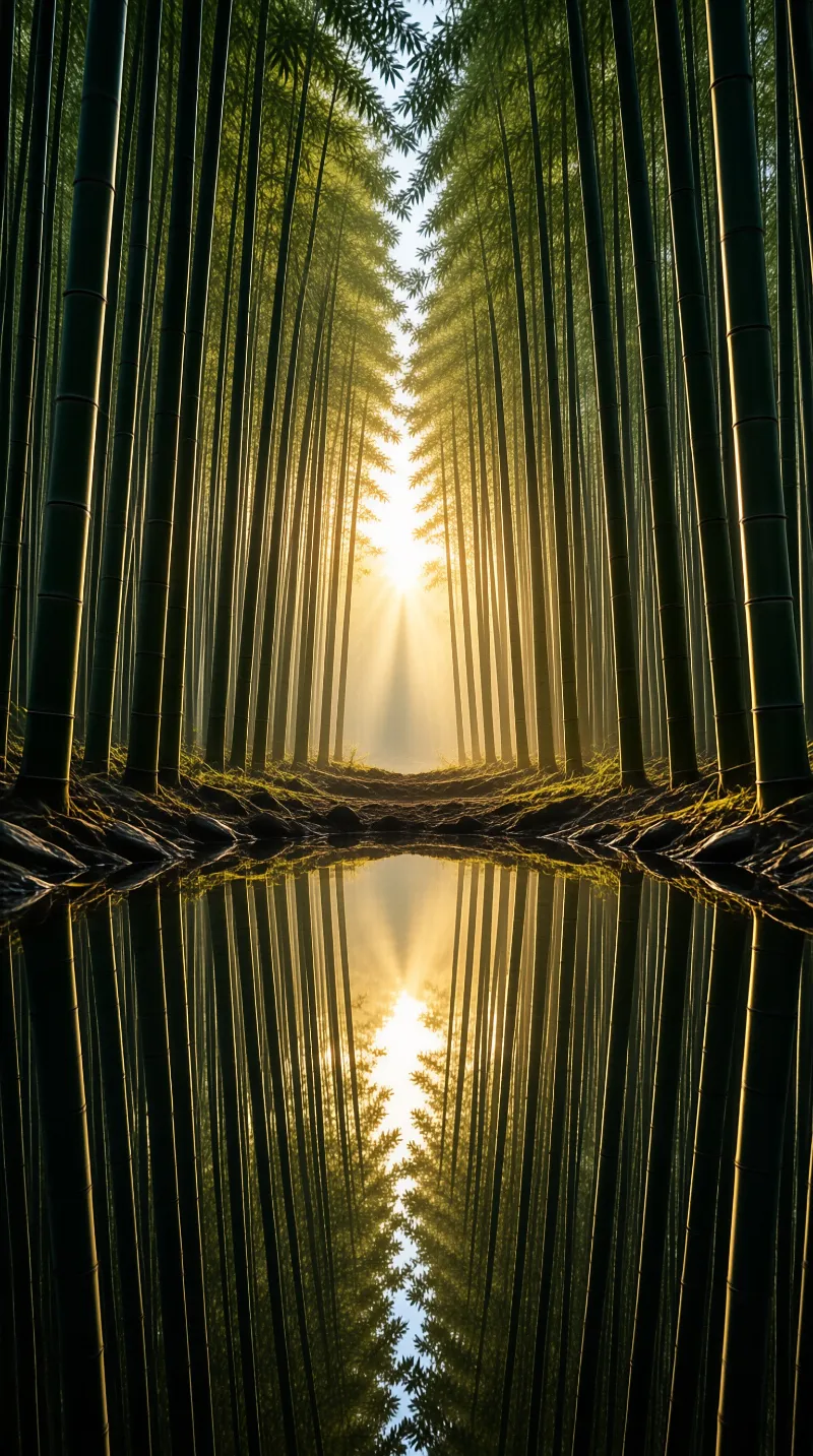Tall green bamboo stalks frame a beam of golden sunlight reflecting perfectly in a still water surface.