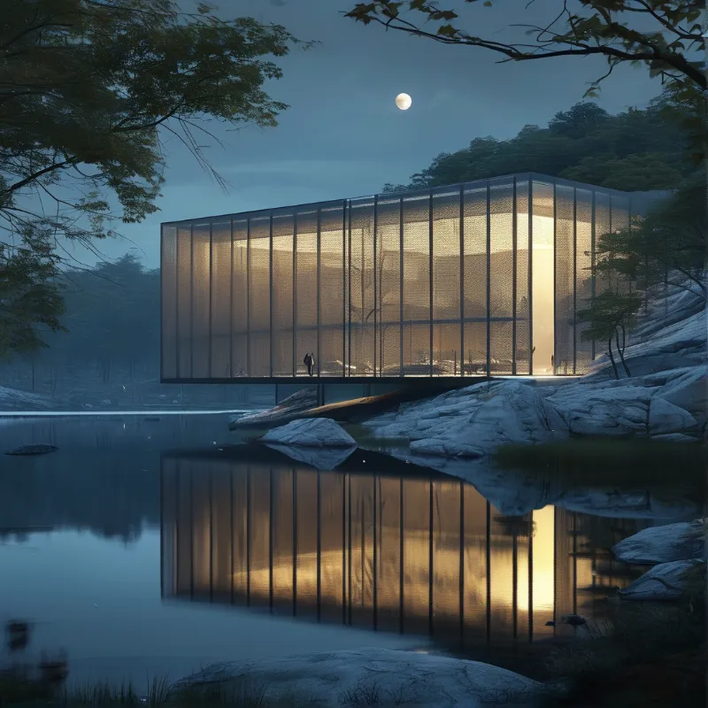 A glowing glass building sits on rocks beside calm water reflecting its warm interior light under a moonlit sky.