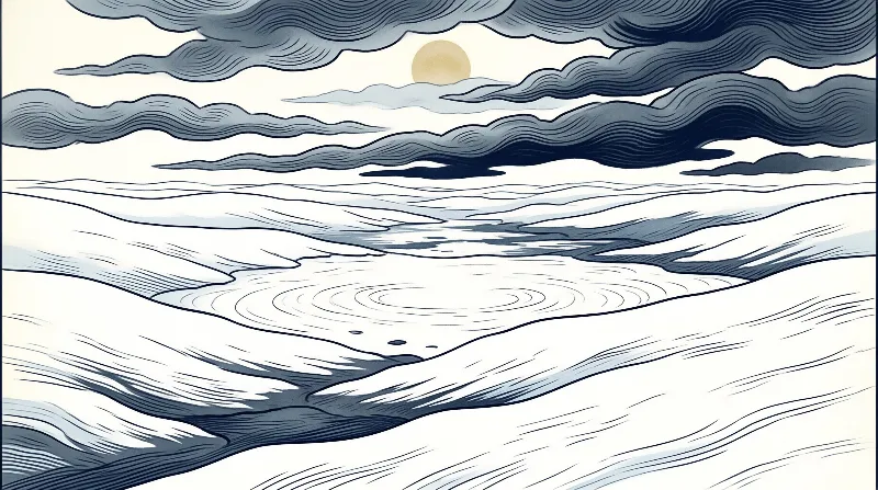 A pale sun emerges through layered blue clouds above a rippling body of water surrounded by white terrain in bold line art.