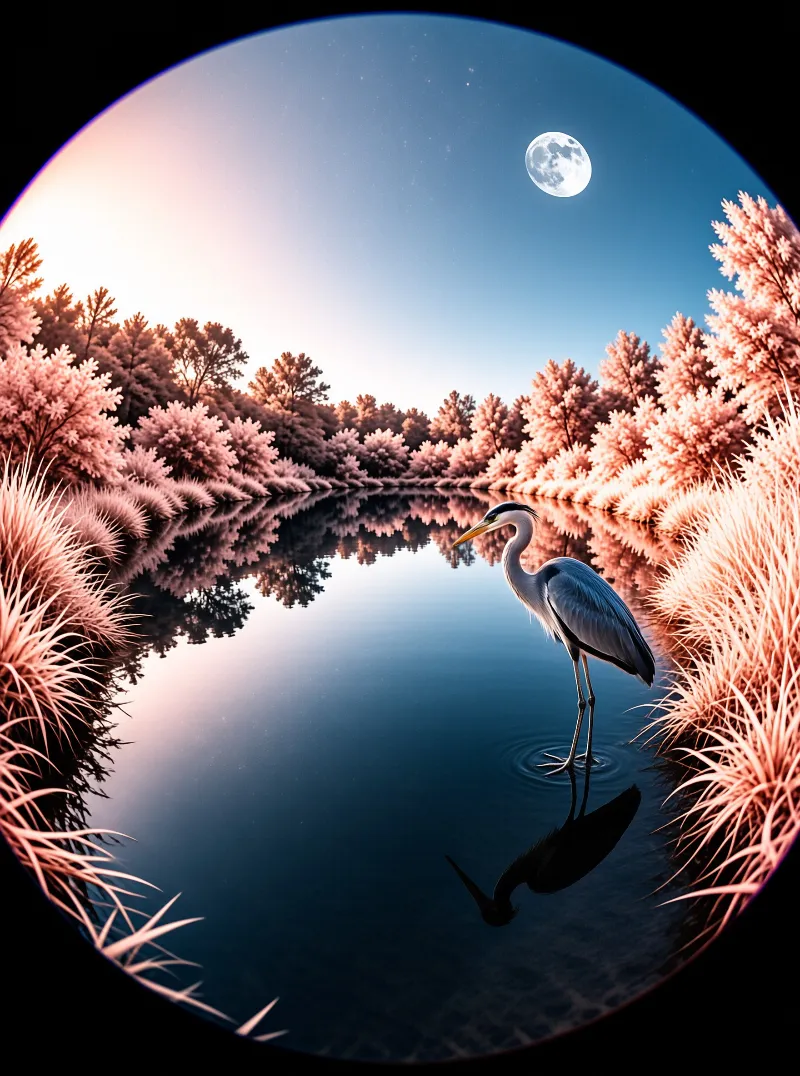 A blue heron stands in calm water surrounded by pink trees reflecting the moonlight.