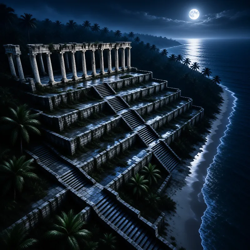A tiered stone ruin with standing columns overlooks a dark ocean shoreline beneath a bright moonlit sky.