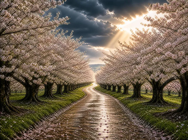 Sunlit Cherry Blossom Path