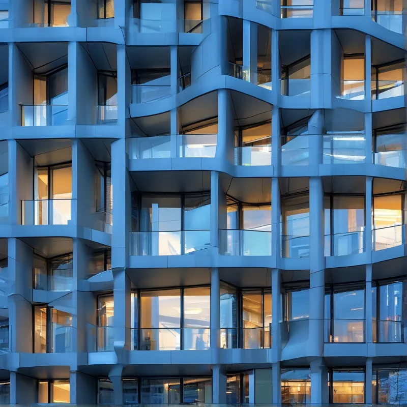 Modern building facade with wavy blue panels and large windows glowing with warm orange light inside.