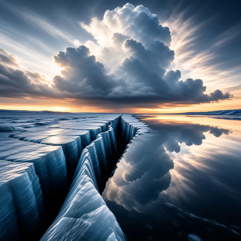 Deep ice fissure cuts through frozen landscape while orange sunlight illuminates heavy clouds above.
