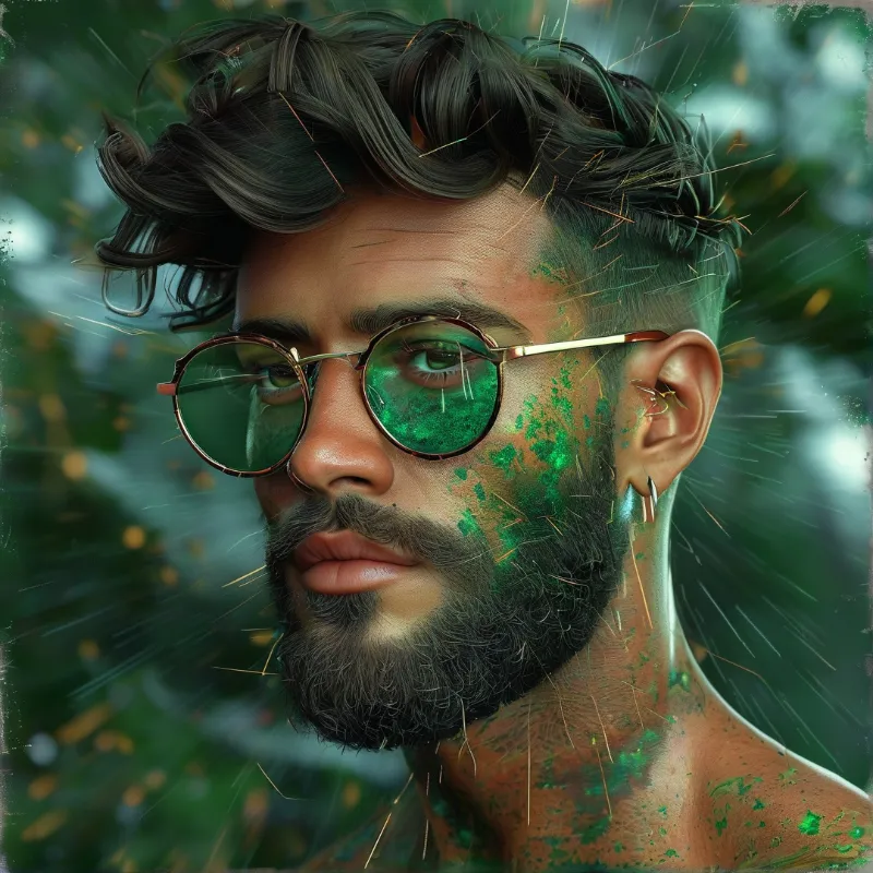 A bearded man wearing green tinted glasses stands among blurred foliage with green paint on his skin and light streaks radiating outward